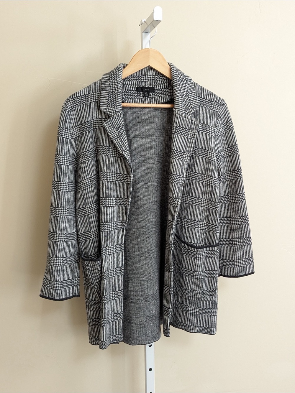 J.Crew XS Black Cream Merino Wool Blend Plaid Sweater Blazer Coatigan